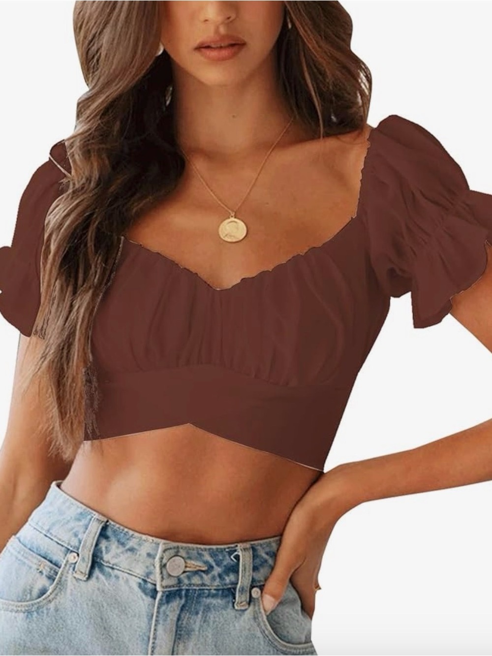 Tie-Back Puff-Sleeve Crop Top in Rust